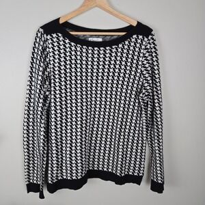 Kim Rogers Sweater Womens‎ Large Houndstooth Alabama Cotton Knit Black White